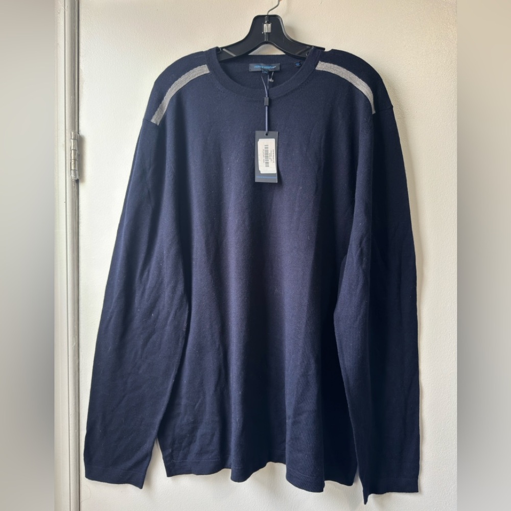 Patrick Assaraf Classic Navy Crewneck Sweater with Gray Accents
